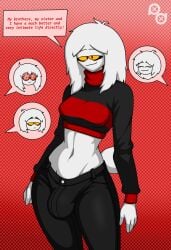 1female 1futa 2males artist_logo big_breasts big_penis black_pants breasts brothers brothers_(lore) bulge clothed clothing club_penguin dialogue dialogue_box disney female fully_clothed futa_focus futanari gradient_background humanoid intersex male midriff penis puffle puffle_dreemurr_(puffledreemurr) puffle_khelan_(puffledreemurr) puffle_luke_(puffledreemurr) puffle_thayla_(puffledreemurr) puffledreemurr red_background red_theme sisters sisters_(lore) solo_focus speech_bubble sweater text turtleneck_sweater wide_hips