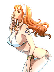 armband bent_over bikini bra breasts brown_eyes female female_only hairband hips iga_guri large_breasts long_hair nami nami_(one_piece) one_piece open_mouth orange_hair tattoo white_background