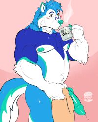 canid canine canis coffee_mug diddydoo dripping_penis genitals hi_res knot knotted_penis male mammal milwolfmylo nude penis surprised_eyes surprised_face towel wolf