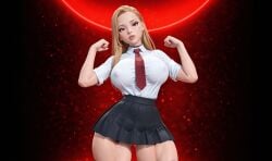 1girls 3d 3d_(artwork) absurd_res absurdres ai ai_generated big_ass big_breasts blonde_hair breasts busty button_down_shirt female fishnets flexing hd hi_res high_resolution highres long_hair pleated_skirt radnsad sindy(oc) solo solo_female solo_focus thick_ass thick_thighs tie wallpaper