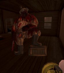 1boy bara beige_fur big_belly blood_drip blood_on_face blood_splatter boots boots_without_bottomwear brute_twins_(slendytubbies) cannibal drooling fat_cock fat_male fupa gloves klave_(slendytubbies) looking_at_viewer machete male penis precum_drip screenshot slendytubbies slendytubbies:_a_twisted_discovery slendytubbies_3 slendytubbies_oc teeth teeth_bared tongue_out tv_screen yaoi