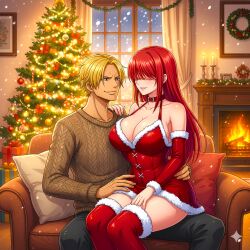 ai_generated anime anime_boy babe beautiful blonde_hair bridal_gauntlets christmas christmas_decorations christmas_tree corset_dress crossover crossover_couple curtain fantasy female fighting_game fireplace hair_covering_eyes husbando husbandomaterial king_of_fighters large_breasts living_room male modeling not_real_art one_piece pants red_hair_female red_stockings sanji santa_costume seductive seductive_smile sexy sexy_body shermie_(kof) shonen_jump sitting_on_lap smiling_at_partner snk snk_heroines:_tag_team_frenzy snowing snuggle sofa stockings straight sweater thick_thighs video_game_character video_game_franchise video_games vinsmoke_sanji voluptuous_female waifu window
