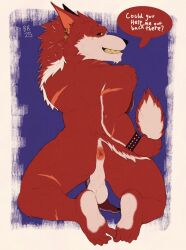 absurd_res anthro anus ass backsack balls ballsack canid canine canis dialogue digital_media_(artwork) ear_piercing english_text epic_games feet fortnite fortnite:_battle_royale genitals hi_res looking_at_viewer looking_back lycan_west_(fortnite) male mammal mythological_canine mythological_creature mythology nude piercing presenting presenting_anus presenting_hindquarters radiumraccoon raised_tail scar simple_background smile smiling_at_viewer solo tail text werecanid werecanine werecreature werewolf wolf