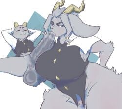 absurd_res anthro antlers balls big_balls big_breasts big_penis blue_eyes bottomless bottomless_female bottomless_male bovid breasts butler_(pseudoregalia) caprine clothed clothing curvy_figure duo erection fellatio female female_penetrated fur genitals goat grey_body grey_fur hi_res horn huge_balls huge_breasts huge_cock huge_hips humanoid_genitalia humanoid_penis hybrid hyper hyper_balls hyper_genitalia hyper_penis jackalope lagomorph larger_female larger_penetrated male male/female male_penetrating male_penetrating_female mammal oral penetration penile penis pseudoregalia pussy sex size_difference small_but_hung smaller_male sybil_(pseudoregalia) themercart thick_penis thick_thighs topwear vest vulva wide_hips
