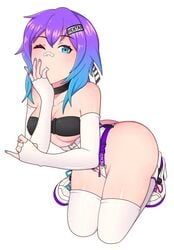 ;) ass bandeau black_bra blue_eyes blue_hair blue_nails hair_clip looking_at_viewer melody_(projektmelody) on_knees projektmelody purple_hair ribbon shoes short_hair strapless_bra sucking_on_finger tagme thigh_highs virtual_youtuber vshojo white_sleeves wink ziren