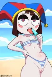 accurate_art_style areola areola_slip areolae beach beach_background belly belly_button big_ass blue_eyes blue_sky blush blush_stickers breasts brown_hair cameltoe clavicle cleft_of_venus clothed clothed_female clothing cloud collarbone color detailed_background female female_only glitch_productions hand_on_hip imminent_sex implied_oral jester licking long_hair looking_at_viewer melting navel panties pink_nipples pomni pomni_(beach_outfit) pomni_(the_amazing_digital_circus) popsicle puffy_pussy pulling_panties pulling_panties_up pussy pussy_floss pussy_lips pussy_wedgie red_eyes saifernsfw sand shiny_skin skindentation small_breasts standing swimsuit teeth the_amazing_digital_circus thick_thighs thighs tight_clothing tongue vulva