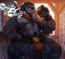 abs alcohol anthro aroused aroused_by_another aroused_face aroused_male aroused_smile backlighting balls bara barrel beard bedroom_eyes beverage biceps big_muscles black_beard black_body black_chest_hair black_facial_hair black_fur black_hair black_sideburns body_hair bottomwear braided braided_beard braided_fur bulge canid canine canis chest_hair chest_scar claws clothing cocky cocky_grin deeeems detailed_bulge dialogue drinking_alcohol english_text erection erection_under_clothing erection_under_loincloth facial_hair flirting flirting_look flirting_with_viewer forest_ranger fur genital_outline genitals grey_body grey_fur hair hi_res holding_tankard inviting inviting_to_sex inviting_viewer leaning leaning_backward leaning_on_elbows leg_scar light light_beam lighting loincloth looking_at_viewer low-angle_view male mammal manly medieval medieval_architecture medieval_armor medieval_clothing medieval_fantasy melee_weapon mercenary muscles muscular muscular_anthro muscular_male narrowed_eyes nipple_piercing nipple_ring nipples orange_eyes pecs penis penis_outline piercing presenting presenting_bulge propositioning ranger relaxing ring_piercing ronin_(innovator_aegis) scabbard scar seducing_viewer seductive shadow showing_off_muscles sideburns sitting sitting_on_barrel solo speech_bubble spread_legs spreading sunbeam sunlight sword sword_on_back tail tankard tavern tavern_background tenting text thick_arms thick_thighs vein veiny_muscles warrior weapon weapon_on_back wolf wristband yaoi