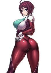 ahoge ass big_ass bodysuit breasts contrapposto from_behind gundam gundam_seed gundam_seed_destiny hand_on_hip large_breasts looking_at_viewer lunamaria_hawke open_clothes purple_eyes red_hair rindou_(radical_dream) short_hair sideboob skin_tight thighs wide_hips