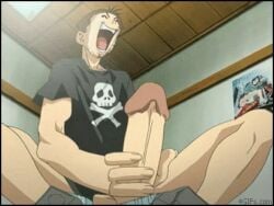 animated black_shirt brown_hair closed_eyes clothed_masturbation comedy crossed_legs foxy_nudes half_nude hana_no_joshi_ana:_newscaster_etsuko hand_on_penis jorkin_it male masculine masturbation official_animation open_mouth ova pants_around_ankles penis short_hair sitting skinny solo_male tears toony_face uncensored young_man_(foxy_nudes)