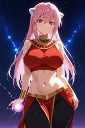 1girl ai_generated alternate_universe armlet bare_shoulders black_pants bracelet bracer breasts closed_mouth covered_nipples cowboy_shot crop_top egyptian_clothes electricity elfen_lied energy_ball expressionless female god_of_destruction gold_bracelet gold_trim hair_between_eyes horns jewelry large_breasts long_hair looking_at_viewer lucy_(elfen_lied) midriff navel neck_ring night pants pelvic_curtain pink_hair pixiv red_eyes red_shirt red_skirt rena_aikawa_(pixiv_user) shirt sidelocks sleeveless sleeveless_shirt solo stable_diffusion standing stomach taut_clothes taut_shirt thighs usekh_collar very_long_hair white_horns