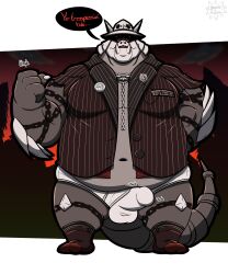 2025 absurd_res aggron anthro balls_outline belly big_bulge bottomwear briefs bulge chains claws clothed clothed/nude clothing colored detailed_bulge dialogue digital_drawing_(artwork) digital_media_(artwork) english_text erection erection_under_clothing feet footwear garter_belt garter_belt_socks garter_straps generation_3_pokemon genital_outline genitals gorochuinboxers hand_behind_back hi_res horn humanoid_genitalia humanoid_penis looking_at_viewer male navel nintendo nude open_mouth overweight overweight_anthro overweight_male penis penis_outline pinstripe_suit pokemon pokemon_(species) socks solo speech_bubble suit_jacket tail talking_to_viewer tattoo text throbbing throbbing_bulge throbbing_penis tighty_whities tusks underwear white_briefs white_clothing white_underwear