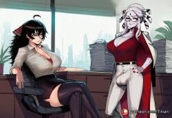 2girls ahoge ai_generated belt black-framed_eyewear black_belt black_hair black_skirt black_thighhighs borrowed_character bow bra breasts bulge button_gap chair cleavage coat coat_on_shoulders collarbone collared_shirt colored_skin crossed_legs desk dress_shirt erection erection_under_clothes feet_out_of_frame fingernails futa_with_female futanari glasses grey_hair grey_skin hairbow hand_on_own_hip huge_breasts indoors jacket large_breasts long_hair looking_at_viewer mature_female miniskirt multiple_girls nail_polish office office_chair office_lady pants paper paper_stack partially_unbuttoned patreon_username pencil_skirt plant raven_branwen rectangular_eyewear red_bow red_bra red_eyes red_nails red_shirt rwby salem_(rwby) semi-rimless_eyewear shirt shirt_tucked_in sitting skirt sleeves_rolled_up smile standing swivel_chair testicles thighhighs thighs tillian two-sided_coat two-sided_fabric two-sided_jacket under-rim_eyewear underwear updo white_coat white_pants white_shirt window