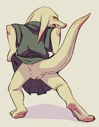 2015 ambiguous_gender animal_genitalia cloaca clothed clothing flookz looking_at_viewer looking_back partially_clothed presenting presenting_cloaca raised_tail rear_view robe scalie simple_background solo unknown_species