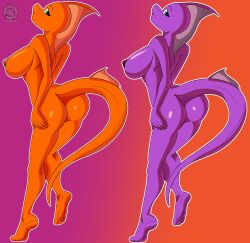 2018 3_toes alternate_color anthro areola ass big_breasts blue_eyes breasts digital_media_(artwork) feet female gradient_background green_eyes hand_on_hip helmeted_lizard hi_res justathereptile kahrah lizard looking_at_viewer membrane_(anatomy) nipples non-mammal_breasts nude orange_areola orange_background orange_body orange_nipples orange_scales orange_skin purple_areola purple_background purple_body purple_nipples purple_scales purple_skin raised_tail reptile scales scalie simple_background smile solo tail toes watermark