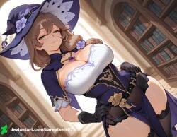 1girls ai_generated artist_name ass barefoot barepixels07 big_ass big_breasts breasts brown_hair cleavage curvaceous curvy curvy_figure female green_eyes hi_res lisa_(genshin_impact) long_hair looking_at_viewer massive_breasts mature mature_female patreon_username purple_rose purple_witch_hat rose slim_waist smile solo standing stockings thick thick_thighs thighhighs voluptuous voluptuous_body voluptuous_female wide_hips