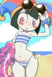 beach bikini bikini_bottom cheeks colo colodraws eyewear_on_head flat_chest glitch_productions hi_res inflatable_ring jester jester_hat multicolored_eyes pale_skin pomni_(beach_outfit) pomni_(the_amazing_digital_circus) red_cheeks striped_swimsuit striped_swimwear sunglasses swimsuit the_amazing_digital_circus tube_top tubetop white_skin