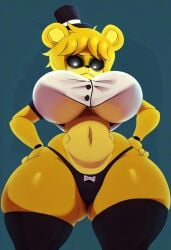 1girls ai_generated animal_ears animal_nose animatronic animatronic_female anthro bear_ears black_headwear black_nose black_panties black_sclera black_stockings black_thighhighs blue_background breasts buttoned_shirt contrapposto crop_top curvy feet_out_of_frame female female_front-view female_front_angle female_front_view female_only five_nights_at_freddy's fredina's_nightclub from_below front-view_female front_angle_female front_view_female front_view_upper_body frown furrowed_brow glowing_eyes golden_freddy_(fnaf) golden_fredina_(cally3d) hands_on_hips huge_breasts looking_at_viewer robot robot_girl scottgames short_sleeves solo style_emulation thick_thighs tifokoh57 top_hat tophat type_0 upper_body_front_view white_pupils white_topwear wide_hips yellow_body yellow_hair