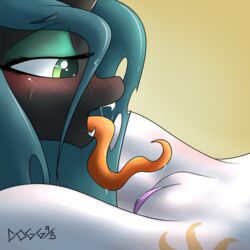 2015 anthro black_body blush changeling close-up cunnilingus cutie_mark dogg duo equine female friendship_is_magic fur green_hair hair half-closed_eyes hi_res long_tongue mammal my_little_pony open_mouth oral princess_celestia_(mlp) pussy pussy_juice queen_chrysalis_(mlp) sex shaded sharp_teeth signature simple_background sweat teeth tongue tongue_out vaginal_penetration white_fur yuri