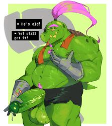 anthro armor balls beard big_balls big_penis bodily_fluids body_hair chest_hair clothed clothing deltarune dripping english_text facial_hair fungirussy gauntlets genital_fluids genitals gerson gerson_boom gerson_boom_(deltarune) gloves green_balls green_body green_penis hair hand_on_penis handwear hi_res looking_at_viewer male mature_male musclegut muscular muscular_anthro muscular_male nipples one_eye_closed pec_grab pecs penis penis_poking_out penis_through_fly pink_hair ponytail portrait precum precum_drip pubes reptile scalie shell solo sweat text three-quarter_portrait tongue tongue_out topless topless_anthro topless_male turtle turtle_shell undertale_(series) vein veiny_penis