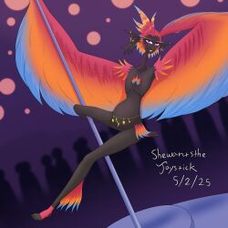 1girls 2025 alien alien_girl alien_humanoid artist_name asymmetrical_hair belly_chain big_belly bird_girl bird_humanoid bird_wings bluesky_link chest_feathers crest dancing dark-skinned_female dark_skin dated dutch_angle earrings faceless_crowd feather_hair feathers female furaffinity_link hip_feathers lip_ring long_ears long_eyebrows newgrounds_link no_breasts nose_ring nude original_character piercing pointy_ears pole_dancing pregnant pregnant_female purple_eyes red_feathers septum_piercing shewantsthejoystick simple_background smile solo stirrup_socks tall_female thin thin_female vayana_(shewantsthejoystick) watermark wings wings_on_legs