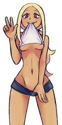 blonde_hair blush dark-skinned_female dark_skin female gravity_rush kat_(gravity_rush) long_hair looking_at_viewer mouth_hold navel no_bra no_panties opeipiao ponytail pussy red_eyes shirt_lift short_shorts shorts shorts_pull simple_background smile solo v white_background