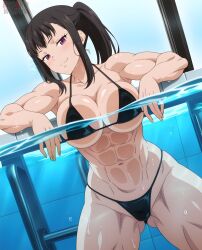 ai_generated athletic_female bare_thighs big_breasts bikini black_hair breasts enen_no_shouboutai eroero_waifus female fire_force huge_breasts huge_thighs light-skinned_female light_skin looking_at_viewer massive_breasts muscular muscular_female oze_maki ponytail pool poolside purple_eyes smiling solo_female squatting sweat sweatdrop thick_body thick_female thick_thighs thighs voluptuous voluptuous_female