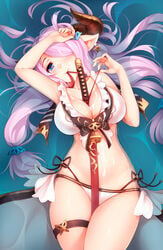 1girls absurdres between_breasts bikini blue_eyes blush breasts cleavage cum cum_on_body cum_on_breasts cum_on_hair cum_on_stomach cum_on_upper_body demon_horns doraf earrings facial female female_only granblue_fantasy hair_ornament hair_over_one_eye heart heart-shaped_pupils highres horns huge_filesize incredibly_absurdres jewelry katana kerasu large_breasts lavender_hair long_hair looking_at_viewer low_tied_hair mouth_hold narmaya_(granblue_fantasy) navel object_between_breasts partially_submerged patreon_reward pointy_ears ricegnat scabbard sheathed solo star star_earrings swimsuit sword symbol-shaped_pupils water weapon white_bikini