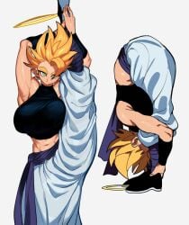 corelessmoter fem_gogeta gogeta green_eyes huge_breasts son_goku stretching super_saiyan vegeta yellow_hair