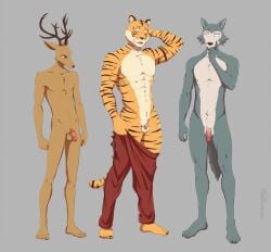 absurd_res anthro balls beastars bill_(beastars) canid canine canis deer felid flaccid genitals group hi_res humanoid_genitalia humanoid_penis legoshi_(beastars) louis_(beastars) male mammal micropenis nude pantherine penis small_penis tiger tommysamash trio wolf