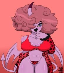 1girls afro big_breasts black_lipstick blue_eyes commission dopeisnukat female leapord_print lingerie one_horn original original_character pink_skin red_robe succubus succubus_horns succubus_tail succubus_wings thick_thighs yellow_iris