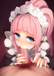 1boy absurdres apron bangs black_dress blue_eyes blunt_bangs blush brooch commentary dress erection eye_contact felicia_(fire_emblem) fellatio female fire_emblem fire_emblem_fates gem gradient gradient_background highres jewelry kerasu long_hair long_sleeves looking_at_another looking_at_viewer lower_body maid maid_headdress male_pubic_hair oral patreon_reward penis pink_hair ponytail pov pubic_hair red_background ricegnat saliva simple_background solo_focus straight sweatdrop tareme upper_body