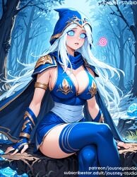 @_@ ai_generated armlet armor ashe_(league_of_legends) bangs bare_shoulders blue_cape blue_dress blue_eyes blue_gloves blue_hair blue_thighhighs blush boots breasts cape cleavage cloak clothing crossed_legs dress female female female_only fingerless_gloves flower forest gloves grass headwear hood jewelry jousneystudio large_breasts league_of_legends legwear lol long_hair looking_at_viewer nature original outdoors parted_lips plant ringed_eyes scarf shoulder_armor sideboob sitting sleeveless sleeveless_dress solo thighhighs thighs tree very_long_hair white_hair