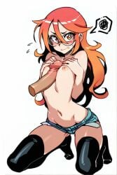 1girls ai_generated black_thighhighs denim denim_shorts disembodied_penis female flat_chest from_side glasses gradient_hair long_hair microshorts naizuri orange_hair paizuri peach_hair round_glasses side_view small_breasts smile solo spoken_squiggle teeth thighhighs tiny_breasts titjob tomboy topless wavy_mouth zorkpics