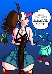 1boy 1girls big_penis black_city dark-skinned_male dark_skin female hat hilda_(pokemon) huge_cock huge_penis hyper hyper_penis interracial long_penis male penis pokemon pokemon_bw raceplay tattoo text thecrunchy uncensored veiny_penis