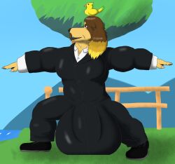 alythewolfcat animal_crossing anthro big_bulge bird_dog bird_on_head black_tie_(suit) bulge canid canine canis clothing detailed_bulge domestic_dog genital_outline harvey_(animal_crossing) hi_res huge_bulge hunting_dog hyper hyper_bulge male mammal muscular muscular_male nintendo penis_outline seaside solo solo_male spaniel suit yoga