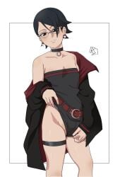 1girls aldwelter black_hair blush boruto:_two_blue_vortex choker earrings female_only glasses naruto naruto_(series) sarada_uchiha short_hair small_breasts sweating teasing teenage_girl teenager teeth teeth_showing