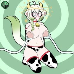 animal_ears animal_print bell bell_collar blush braid breasts collar cow_bell cow_ears cow_girl cow_print cow_tail female green_hair horns huge_breasts kneeling laimu long_hair multicolored_hair nipple_piercing piercing solo tail thighhighs topless twitch vinesauce virtual_youtuber vtuber