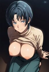 ai_generated big_breasts blue_eyes dark_background female female_only goodbye_eri large_breasts lxlbanner nipples no_bra sayonara_eri short_hair sweater sweater_lift