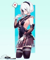 blindfold blue_background cesar_art456 color eyewear head_band hi_res nier:_automata nier_(series) pinup platinum_games revealing_clothes short_hair skimpy_clothes slim_girl slim_waist solo_female white_hair yorha_2b