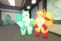 anthro belly_piercing big_breasts breasts embarrassed fashui_(kaiju_paradise) feizao_(kaiju_paradise) female furry green_nipples green_pussy kaiju_paradise looking_at_another ravenuwu roblox self_upload yellow_nipples yellow_pussy