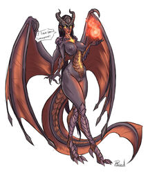 2d alternate_costume areolae breasts dragon_girl dragon_symmetra female female_only looking_at_viewer nipples overwatch plasmidhentai pussy solo speech_bubble symmetra text wings