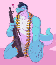 anthro balls flaccid gun heart hi_res kneeling looking_at_viewer machine_gun male male_only musclegut muscular nude penis ranged_weapon scalie serex smile solo weapon