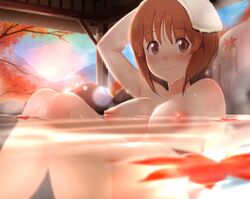 bare_shoulders bath bathing breasts brown_eyes brown_hair female hot_springs large_breasts looking_at_viewer nipples nude outdoors public_bath smile solo towel water