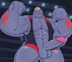 abs balls black_clothing bodily_fluids clothing fighting_ring fist generation_1_pokemon genital_fluids genitals hi_res jasperthecrab machoke male markings muscular muscular_male nintendo pecs penis pokemon pokemon_(species) precum raised_arms red_markings shirt solo tank_top tongue tongue_out topwear