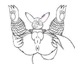 anthro anus aroused balls clothing ear_piercing fishnet_clothing fishnet_legwear flipnotecreation generation_3_pokemon genitals holding_both_legs holding_both_thighs legwear looking_down lying male nintendo on_back pawpads paws piercing pokemon pokemon_(species) smile soft_smile solo tail zangoose