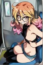 1girls ai_generated black_thighhighs crop_top denim denim_shorts exposed_breasts exposed_nipples female flashing flat_chest from_side glasses gradient_hair long_hair microshorts nipple_slip one_breast_out orange_eyes orange_hair peach_hair round_glasses side_view sideboob sitting skin_tight sleeveless smile solo tank_top teeth thighhighs tight_clothing tiny_breasts tomboy zorkpics