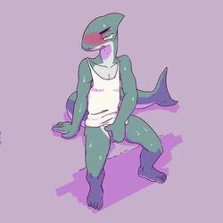 1boy anthro balls biting_lip blush clothing fish hi_res male male_only marine masturbation serex shark sharky_(serex) shirt sitting solo sweat tank_top