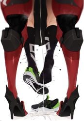 2girls absurdres black_socks cum cumdrip cyborg eloise_(the_atko) english_commentary eva_(the_atko) excessive_cum futa_with_female futanari high_heels highres implied_futa implied_sex implied_sex_from_between_legs joints kneehighs lifting_person multiple_girls original robot_joints sex sex_from_behind shoes sneakers socks the_atko white_background