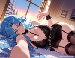 ai_generated azur_lane balecxi bare_shoulders black_babydoll black_thighhighs blue_eyes blue_hair blurry cleavage closed_mouth female garter_straps indoors large_breasts long_hair looking_at_viewer lying on_side patreon_username reaching reaching_towards_viewer smile snow solo sovetskaya_belorussiya_(azur_lane) sovetskaya_belorussiya_(relaxation_stratagem)_(azur_lane) thighs window