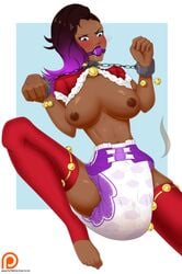 ball_gag bondage bound breasts dark_skin diaper female femsub gag gagged large_breasts latina messy_diaper nipples overwatch purple_ball_gag restrained scat soiling sombra spread_legs thighhighs xjio